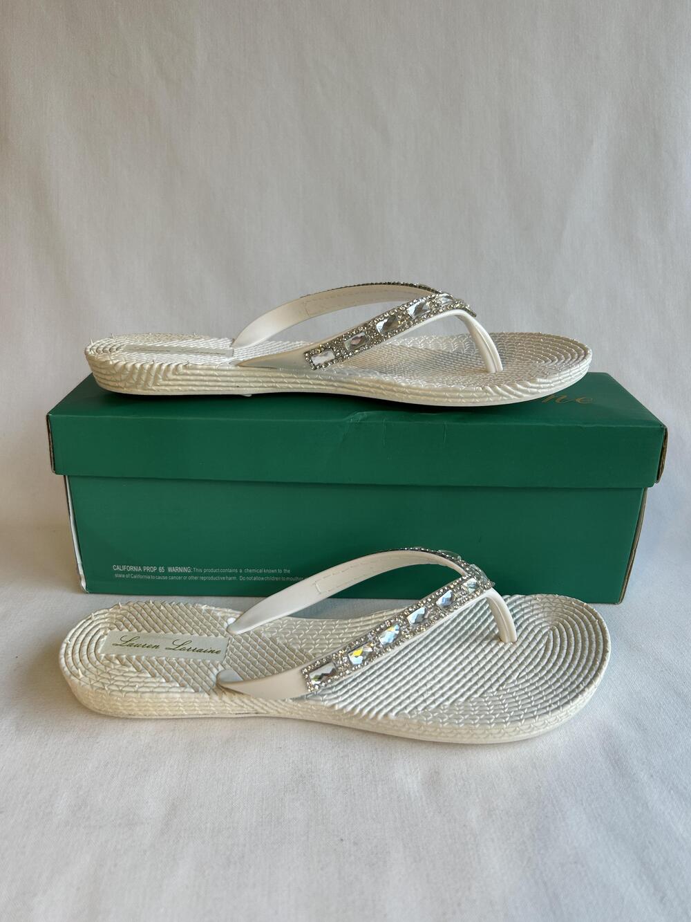 Lauren Lorraine Sandals Womens Size 6 White Gigi Rhinestone Jeweled Flip Flops